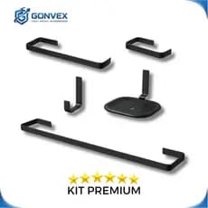 Kit Acessórios Quadrado para Banheiro 5 Peças Preto Fosco + Porta Sabonete Saboneteira Super Luxo