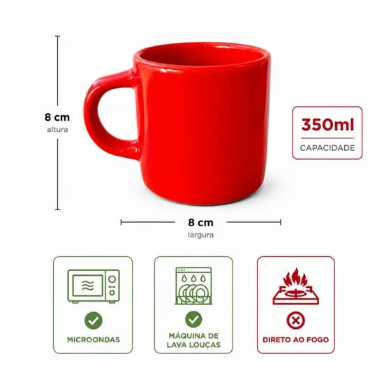 Caneca Cerâmica Vermelha Brilhante 350ml Moderna para Café e Chá