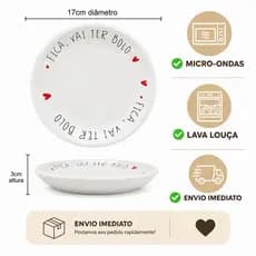 KIT Prato de Sobremesa em Cerâmica Fica Vai Ter Bolo