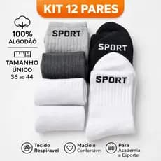 12 Pares Meias Algodão Cano Alto Esportiva Unissex Confortável Academia Corrida Dia a Dia 36-44