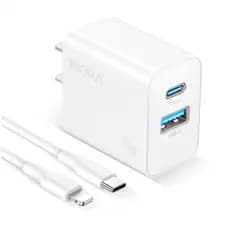 CARREGADOR RÁPIDO 20W USB-C PD 3A + USB-A Compatível com iPhone COM CABO LIGHTNING Plug Americano