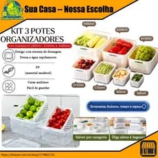 Kit 3 potes Organizadores Geladeira Organizador Alimentos Vegetais Cozinha Moderna