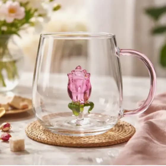 Caneca Rosa 400ml Vidro Borossilicato Premium – Presente Romântico  / Namorados/ Dia das Mães com qualidade  Premium