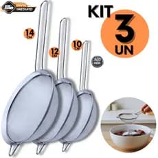 Kit Peneiras Aço Inox Cozinha 14 12 10cm Coador Líquidos Farinha Resistente Durável Não Enferruja