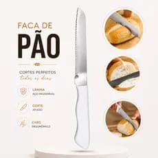 Faca Serrilhada para Pão Bolo Aço Inox Cabo Branco Corte Fácil Pães Bolos Tortas Padaria Restaurante