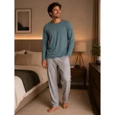 Conjunto Pijama Masculino Adulto Tecido Suede Manga Longa Calça Cinza Camisa Verde Inverno -Dormir -