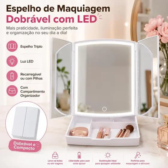Espelho de Maquiagem Dobrável com LED, Sem Ampliação, Portátil com Organizador para Penteadeira e Viagem
