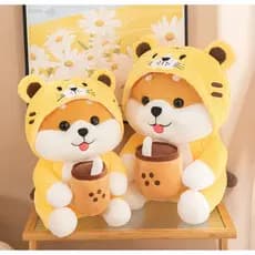 Pelúcia Shiba Inu 30CM Com Fantasia De Tigre Segurando Copo Fofo Macio Presente Decorativo Envio Imediato