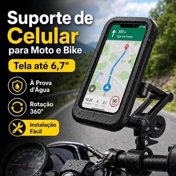 Suporte de Celular para Moto e Bike à Prova d’Água com Rotação 360°, Tela Touch e Compatível até 6,7”