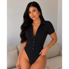 Body Feminino Gola tecido anarruga Polo Manga Curta Com Botões Básico