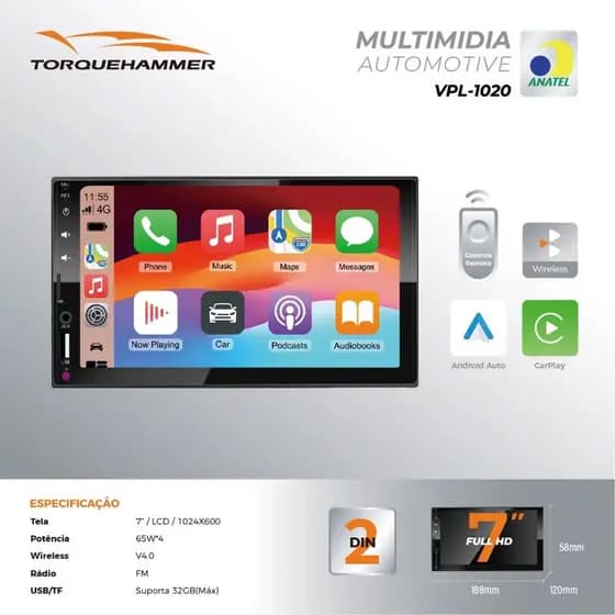 Central Multimídia 2DIN 7" MP10, CarPlay e Android Auto, Bluetooth 5.0, Touchscreen