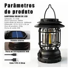 Lampião Lanterna LED Recarregável com Placa Solar Portátil para Camping e Emergência