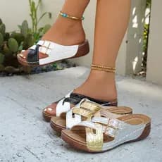 Sandálias Femininas Cor Bloqueada Chinelos Novos 2025 Sapatos De Sola Grossa Da Moda Praia