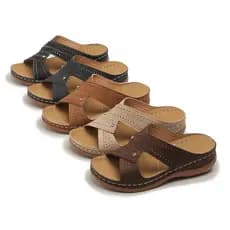 Sandálias Femininas De Verão Com Cunha Deslizante De Couro Premium Antiderrapante Sapatos Confortáveis