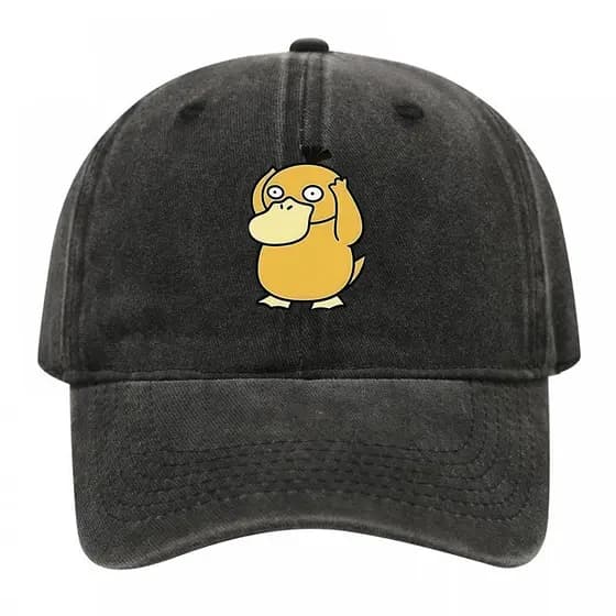Boné De Beisebol Vintage Lavado Preto Psyduck Pokémon Estampado Retrô Angustiado Algodão Ajustável Anime Pai Chapéu
