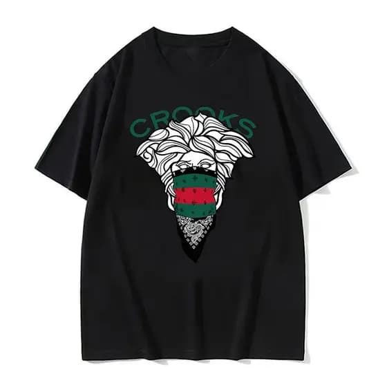 Streetwear Preto Camiseta Masculina Medusa Cabeça Bandana Impressão Oversized Manga Curta Algodão Casual Gráfico