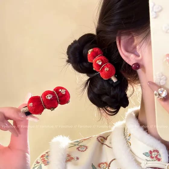 Ano novo bonito vermelho cristalizado cabaça grampo de cabelo feminino franja lateral cabelo quebrado Duckbill clipe bol