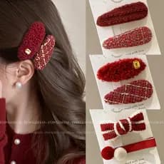 Ano novo vermelho cocar de pelúcia franja grampo de cabelo feminino clipe lateral testa bb clipe plano outono inverno qu