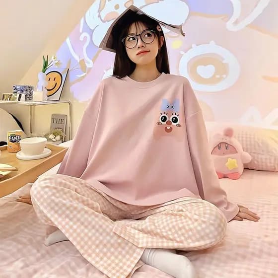 Novo estilo pijamas femininos terno dos desenhos animados coreano menina fina manga comprida calças de manga comprida do