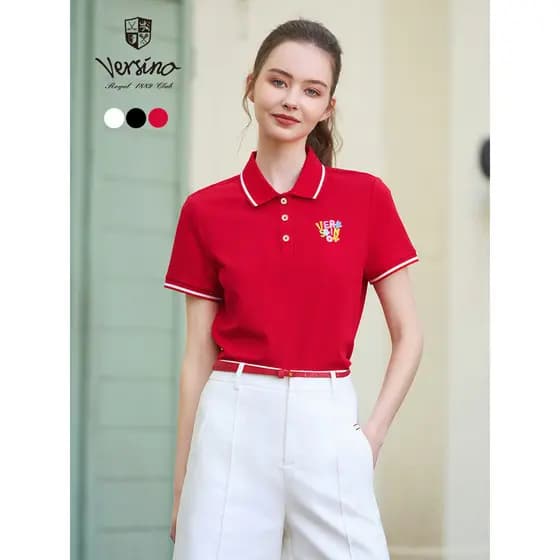 Versino versino feminino verão novo estilo camisa POLO de manga curta feminina bordado impresso lapela camiseta