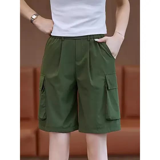 Macacão verde exército Shorts feminino 2026 verão novo estilo fino Multi-bolso seda gelo de secagem rápida Casual calças