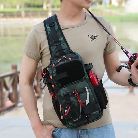 Bolsa de pesca com isca à prova d'água, novo estilo, bolsa de peito para homens e mulheres, camuflagem ao ar livre, mult