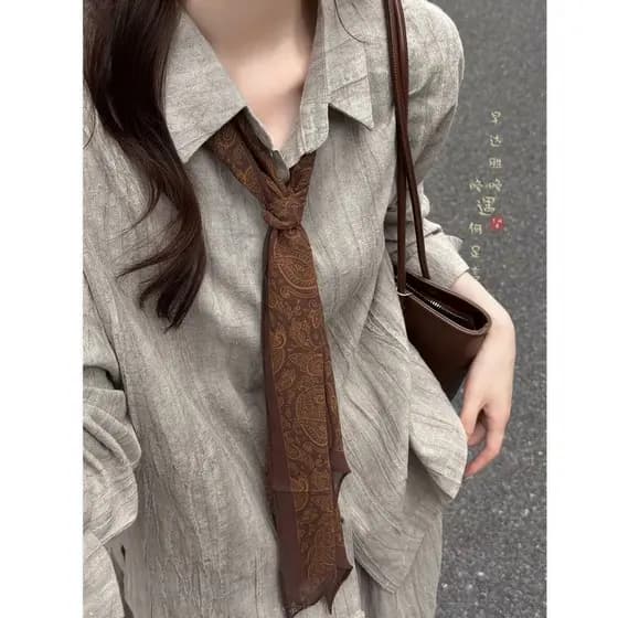 Menina literária ~ estilo coreano café verde bolinhas lenço de seda babador feminino nicho longo pescoço cachecol outono