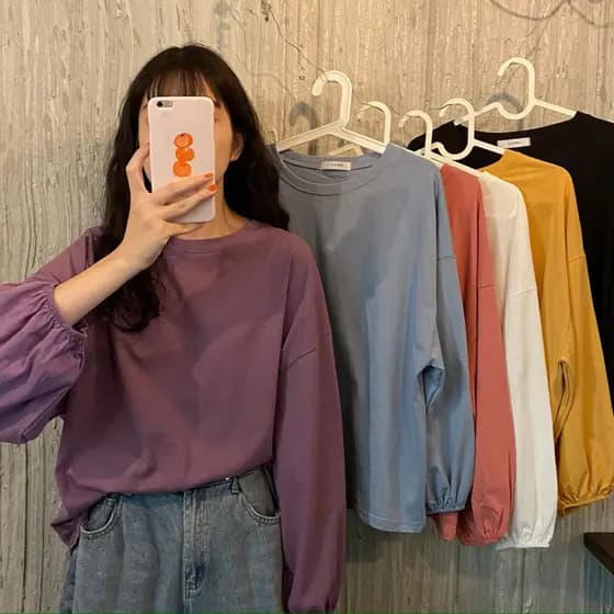 Ins Super quente de manga comprida camiseta feminina início do outono versão coreana na moda cor sólida lanterna manga f