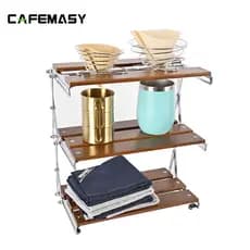 Cafemasy prateleira dobrável ao ar livre, prateleira de aço inoxidável, madeira maciça, multicamadas, portátil, rack de