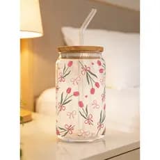 Original tulipa flor arco amor diário beber copo de vidro alto borosilicato gato dos desenhos animados com tampa palha