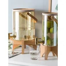 Chaleira fria com torneira de madeira de acácia, vidro doméstico, frutas, chá, água engarrafada, recipiente de grande ca