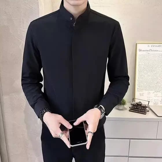 Nova luz madura gola alta camisa masculina de manga comprida negócios Commuter Casual All-Match rufião bonito magro-