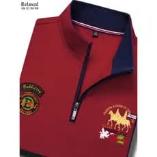 Camiseta masculina de manga comprida com gola alta, camisa POLO com meio zíper, algodão puro, bordado de alta qualidade