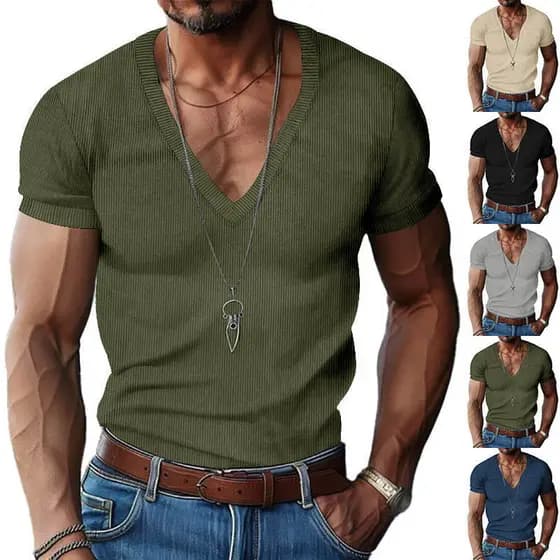 Amazon comércio exterior masculino veludo de manga curta europeu americano verão masculino com decote em v cor sólida ma