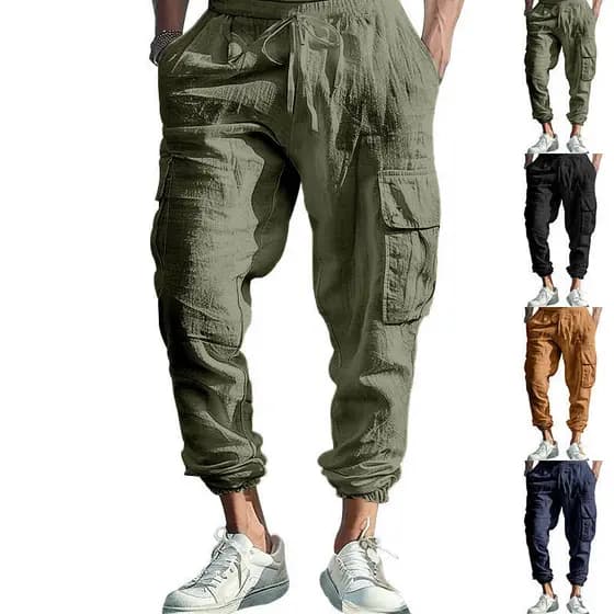 Comércio exterior Amazon primavera outono linho calças casuais masculinas Tie-up Multi-bolso Tether cor sólida solta O