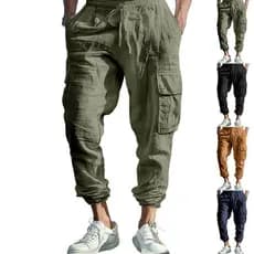Comércio exterior Amazon primavera outono linho calças casuais masculinas Tie-up Multi-bolso Tether cor sólida solta O