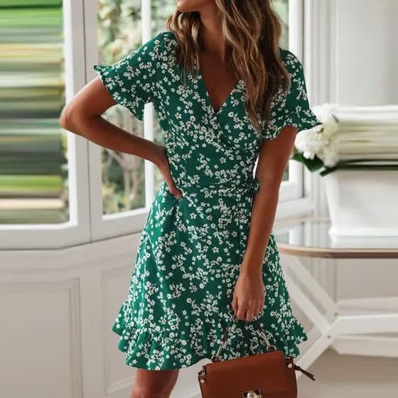 Verão Floral com decote em V cintura estreita rendas babados de uma peça Chiffon vestido de manga curta feminino