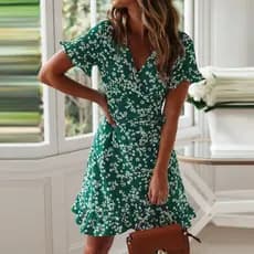 Verão Floral com decote em V cintura estreita rendas babados de uma peça Chiffon vestido de manga curta feminino