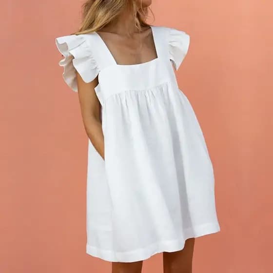 Verão novo estilo feminino estilo europeu americano mais magro olhar cor sólida vestido Casual solto cor sólida pescoço