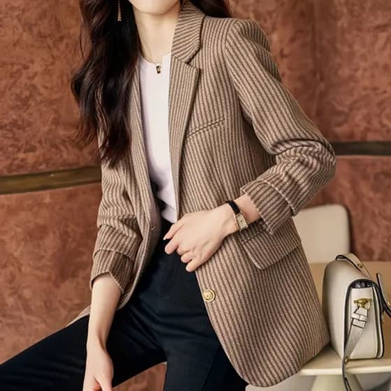 Blazer listrado cinza de manga comprida outono novo estilo feminino temperamento Casual High-End frito rua pequeno terno