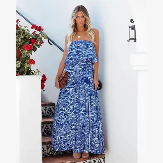 Boêmio verão novo produto listrado pescoço plano azul tubo superior fora do ombro dividir sem mangas vestido de praia fe