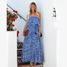 Boêmio verão novo produto listrado pescoço plano azul tubo superior fora do ombro dividir sem mangas vestido de praia fe