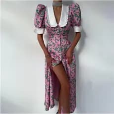 Boneca pescoço vestido longo francês novo estilo Design gola boneca manga curta cintura estreita grande balanço impresso