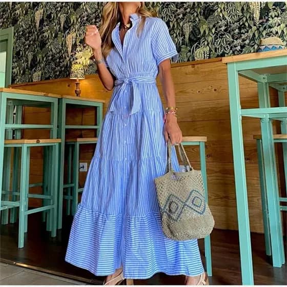 Vestido longo listrado estilo férias lapela listrado manga curta rendas babados bainha grande vestido feminino