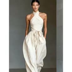 Macacão de palha neck2026 europeu americano verão feminino sem mangas Halterneck rendas bolso macacão