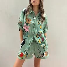 Conjunto De Camisa E Shorts2025 Verão Feminina Europeia Americana shorts Soltos Estampados Casuais Duas Peças