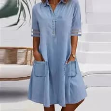 Vestido jeans2025 europeu americano verão novo estilo feminino punhos gaze costura All-Match denim vestido de manga curt