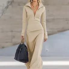 Vestido Casual Com Zíper , Feminino Europeu E Americano Gola POLO , Outono Inverno , Slim , Manga Comprida