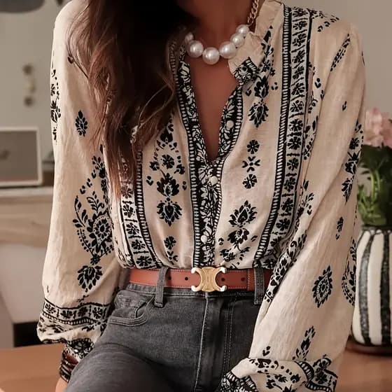 Camisa de manga comprida2025 outono europeu americano novo estilo roupas femininas temperamento elegante camisa impressa