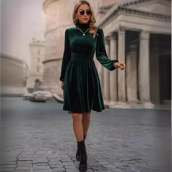 Vestido de veludo europeu americano roupas femininas 2024 primavera outono moda elegante gola alta cor sólida veludo ves